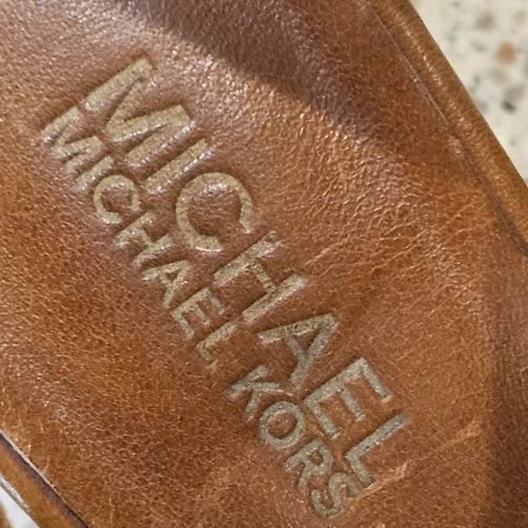 Michael Kors SZ 7 Caramel Woven Leather Cork 4" Heel Closed Toe Ankle Strap Shoe - Picture 10 of 11